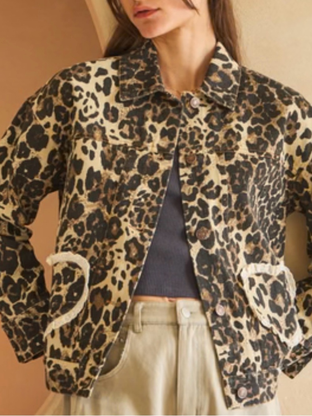 NEW ODDI Denim Jacket Washed Leopard Print Heart Pockets Plus Size 1XL